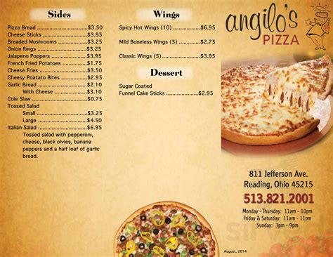 Angilos pizza. Angilo's Chef Salad $8.50. Salad topped with pepperoni, ham, bacon, provolone cheese, and cheddar cheese. Served with a bread stickl. Chicken Fingers Salad $8.95. Salad topped with fried chicken tenders, provolone cheese and cheddar cheese. Served with a bread stick. Grilled Chicken Salad $9.25. 
