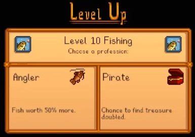 Fisher - fish worth 25% more. Miner - crab pot require less resources (copper instead of iron) Level 10. Angler - fish worth 50% more. Pirate - more chests while fishing. Mariner - crab pots, no more junk items. Luremaster - no longer need bait in pots. I mean, Angler all the way. Fishing is so much better than crab pots, and getting chests ... . 