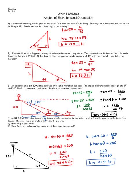 Angles of Elevation and Depression Word Problems Worksheet