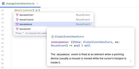 Angular hostlistener events list.  These decorators allow you to bind properties to the ...