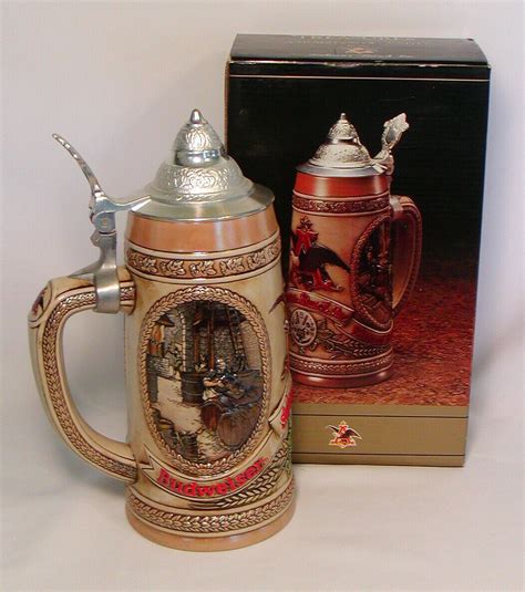 Gift boxed. OUT CS600 - 2005 " Clydesdales Parade Dress Character " lidded stein. This 7 ï¿½ï¿½ lidded stein was made in China by Tradex GmbH. In detailed deep ceramic …. Anheuser busch beer steins