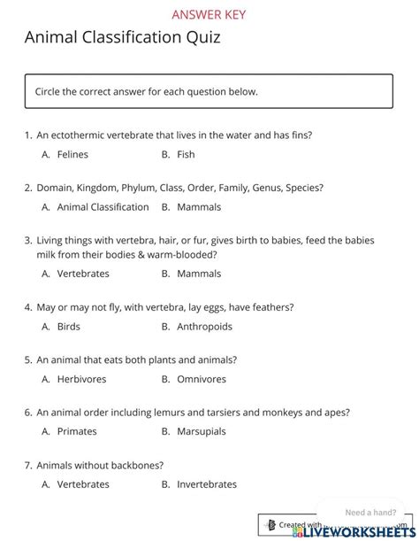 Animal Kingdom Classification Quiz And Answer Key