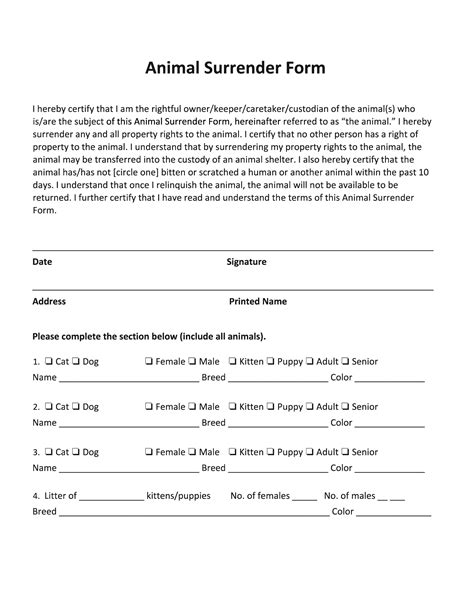 Animal Surrender Form Fill Out and Sign Printable PDF Template signNow