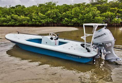 The Advent is a mid-micro skiff that has evolved from years of experience on the water blended with leading edge materials and manufacturing. Hull Design The Advent has been engineered with state of the art design elements like the variable radius transom to enhance its stellar shallow water performance.. 