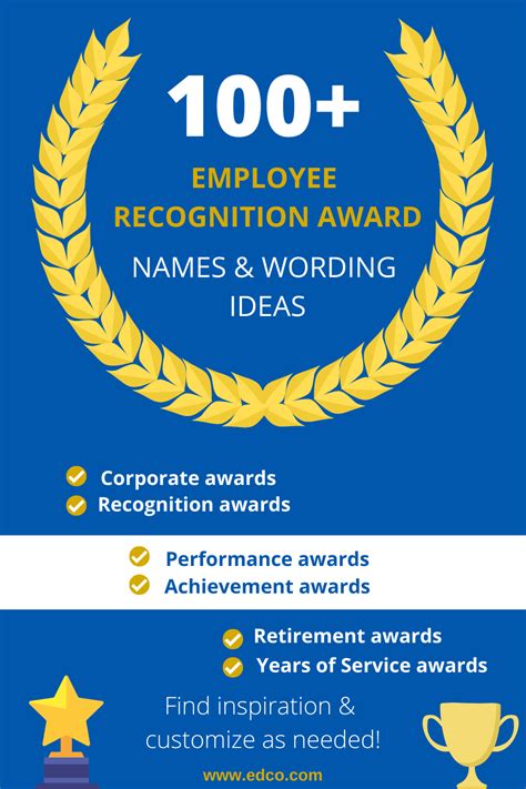 For inspiration when planning your program, check out these 16 ideas of employee recognition award names and categories. 1. Employee recognition award. Employee recognition awards includes any type of recognition a member of your team receives. The opportunities for this type of recognition are vast and easily customized for any company project .... 