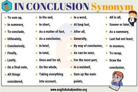 Another word for in conclusion. Find words and phrases related to conclusion, such as end, finish, endpoint, and resolution. Learn the definitions and usage of conclusion and its synonyms and … 
