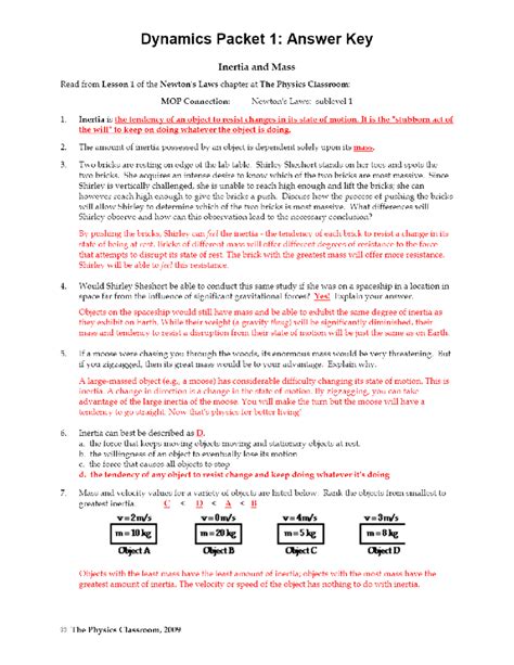 Answer Classroom Packet Physics Key