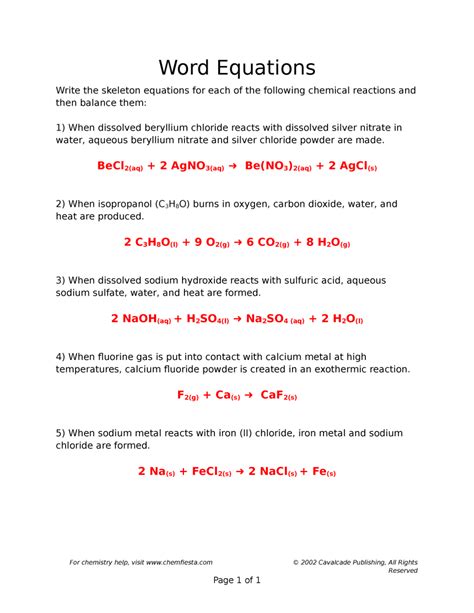 Answer Key Chemical Word Equations Worksheet Worksheet Resume Examples