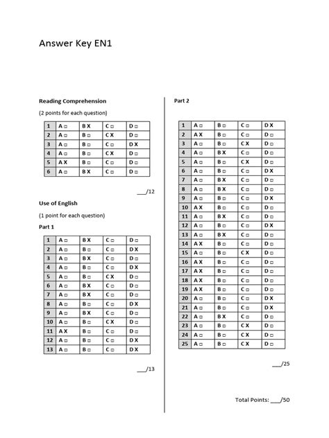 Answer Key For Exam
