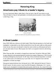 Answer Key For Readworks 5Th Grade For Honoring King Answer King