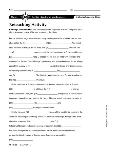Answer Key For Reteaching Activity World Geography