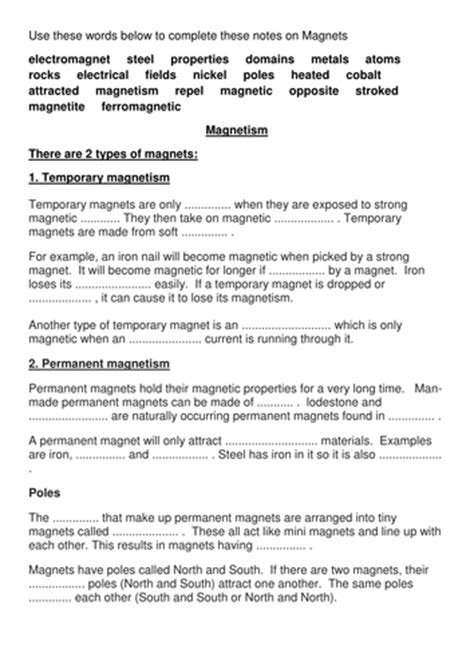 Answer Key Magnetism Cloze