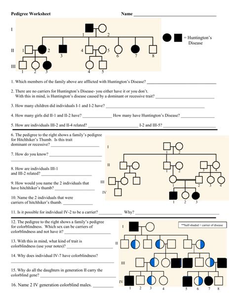 Answer Key Pedigree Worksheet Interpreting A Human Pedigree pdf