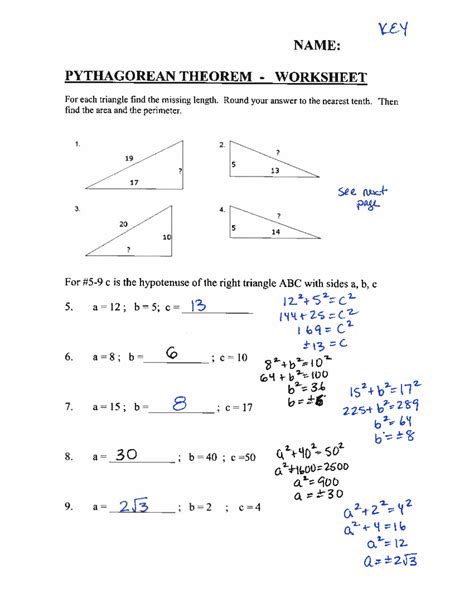 Answer Key Pythagorean Theorem Word Problems Matching Worksheet Answers