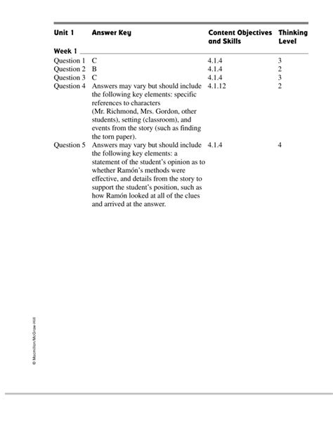 Answer Key Treasures Practice Work