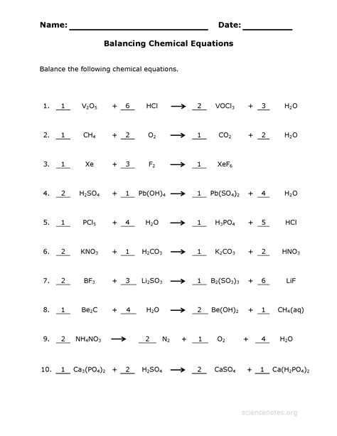 Answer Key Writing And Balancing Chemical Equations Worksheet Answers