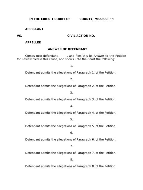 Answer Of Defendant Sample