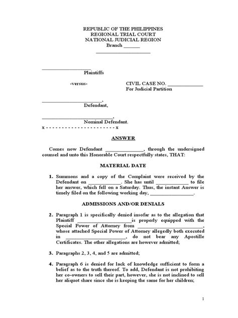 Answer To Partition Complaint