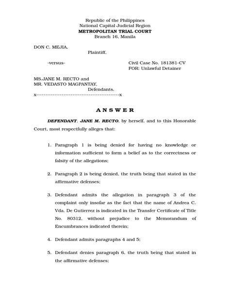 Answer Unlawful Detainer