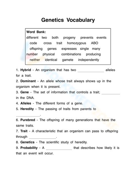 Answer Vocabulary Sheet Genetics