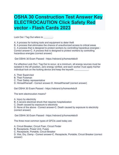 Answer key click safety osha 30 final exam answers. Answers for ClickSafety OSHA 30 Construction Final Exam – OSHA10Answers™ - Free download as PDF File (.pdf), Text File (.txt) or read online for free. This document … 