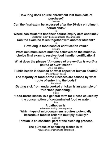 Answer key food handlers test answers. Date Circle the best answer to each question below. Be sure to answer all 80 questions. 1 Which food item has been associated with Salmonella Typhi? A Beverages B Produce C Shellfish from contaminated water D Undercooked ground beef 2 What symptom requires a food handler to be excluded from the operation? A Sore throat B Jaundice C Coughing 