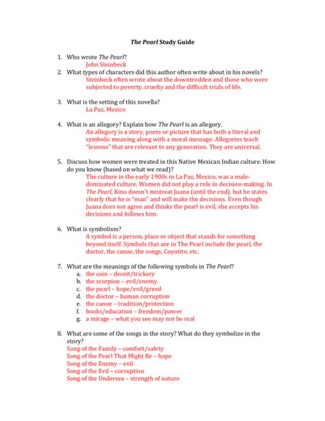 Answer key to the pearl study guide. - Study guide for the miracle worker.
