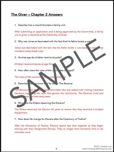 Answers For The Giver Chapter Questions