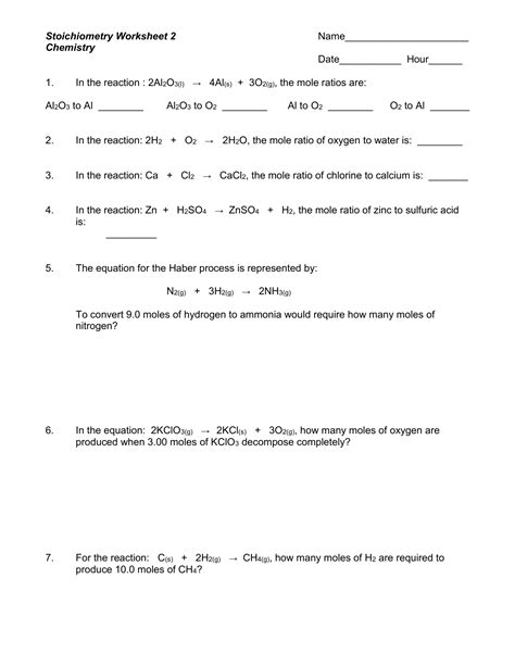 Answers Stoichiometry Matching Questions