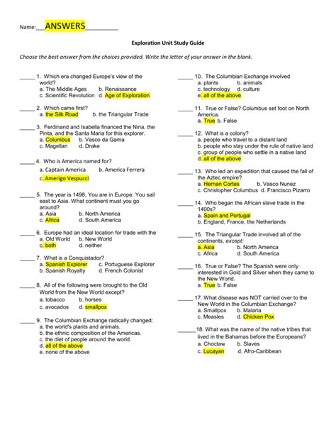 Answers for Study Guide