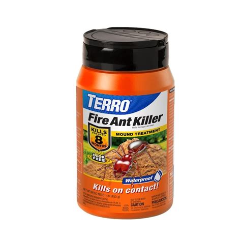 TERRO Fire Ant Killer is waterproof and odor-free so it can be used outdoors wherever fire ants are present. Escape the sting of fire ants with this easy-to-use solution! Apply directly on mounds to kill fire ants on contact. Waterproof formula lasts and continues killing for up to 8 months. Odor-free granules for outdoor use.. 