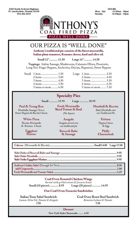 Anthony’s Coal Fired Pizza Menu Prices. Anthony’s Coal Fired Pizza prices Item Square Pizza with Think Cut Pepperoni, Italian Sausage, Baby Meatballs and Smoky Bacon $11.49 Grande Mozzarella, Romano Cheese, Italian Plum Tomato Sauce made with Basil and Olive Oil $16.68 — Italian Hot Wings:A spicy take on our original …. 