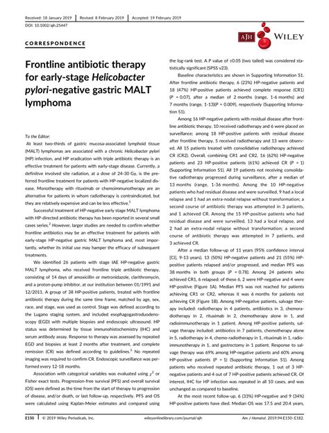 Antibiotic Therapy of H. Pylori Negative Gastric MALT Lymphoma