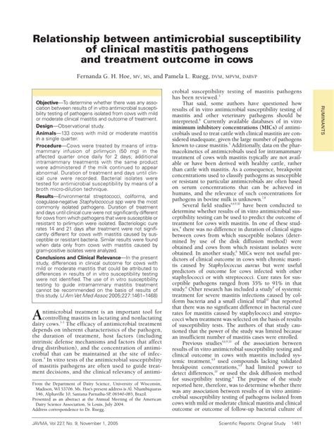 Antimicrobial susceptibility of bovine clinical mastitis pathogens in ...