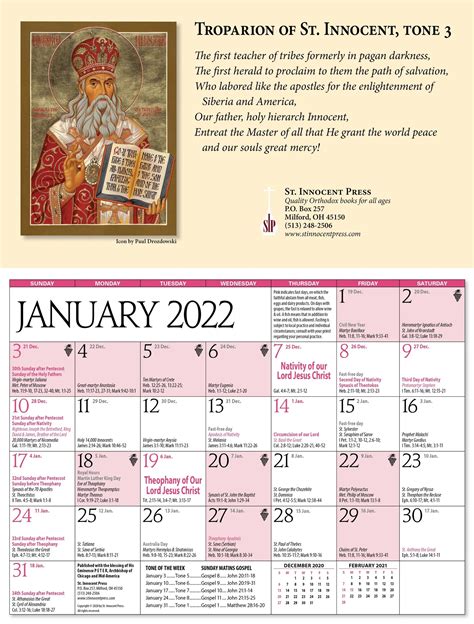 Antiochian Orthodox Calendar 2022