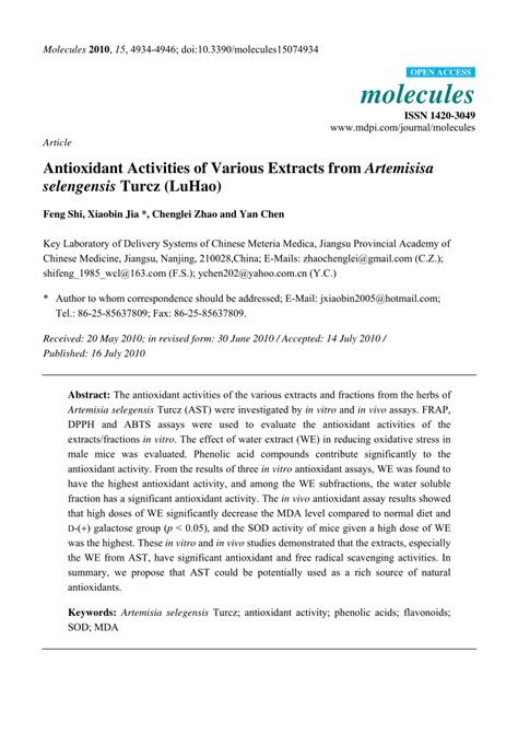 Antioxidant Activities of Various Extracts from Artemisisa selengensis …