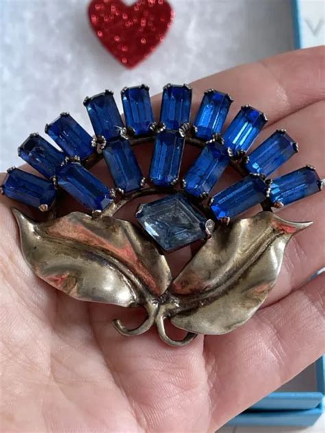 Antique 1930s 40s Blue Glass Brass Flower Sash Brooch