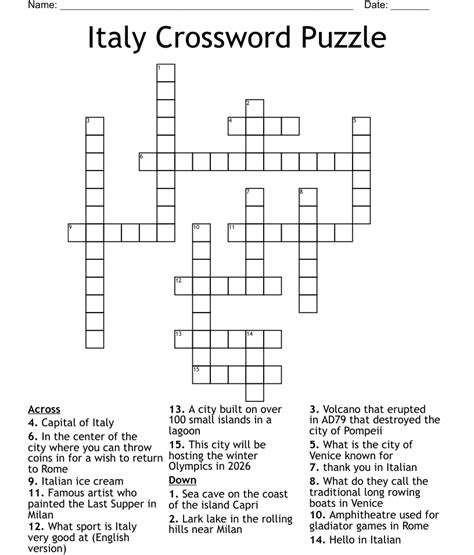 Any time in italy crossword. The Crossword Solver found 30 answers to "the most english cities in italy", 13 letters crossword clue. The Crossword Solver finds answers to classic crosswords and cryptic crossword puzzles. Enter the length or pattern for better results. Click the answer to find similar crossword clues. Enter a Crossword Clue ... 