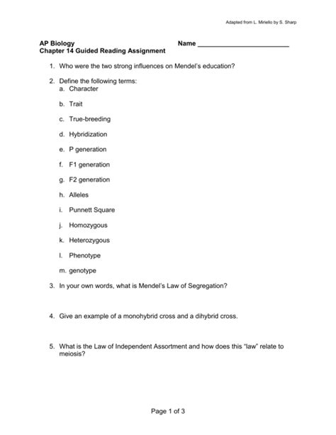 Ap Biology Chapter 14 Guided Reading Assignment Answers