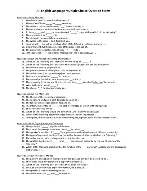 Ap English Language Multiple Choice Test Template Download Printable