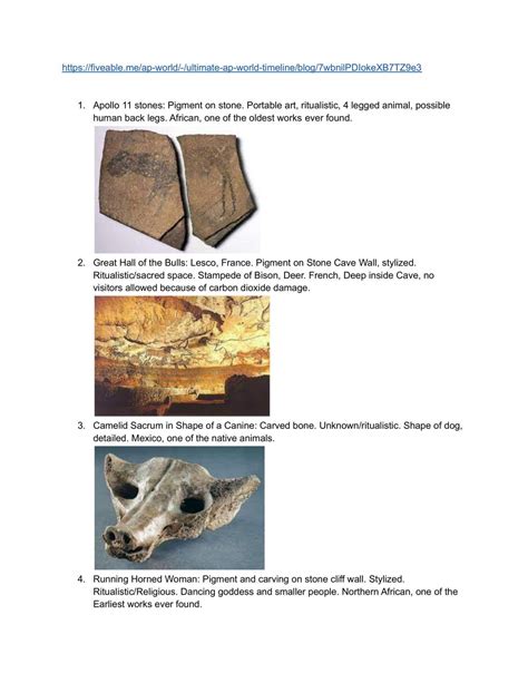 Study with Quizlet and memorize flashcards containing terms like Apollo 11 Stones, Great Hall of Bulls, ... AP Art History: 250. 255 terms. dapperbowties. Preview. Unit 2 - Africa: Works of Art. 13 terms. kallie_depriest1. Preview. …. 