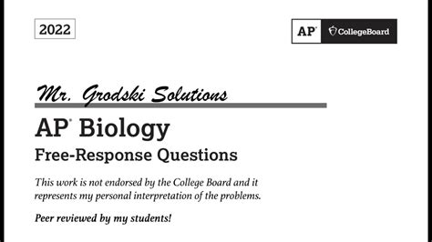 The FRQ section is the second section of the AP Biology exam and consists of 6 free response questions (FRQs) and is worth 50% of your final exam score. The six FRQs in Section II of the AP Biology exam will always follow a particular format. The first two questions are long and are worth 8-10 points each. The other four questions are short …. 