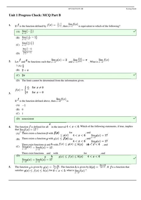 AP Calculus AB Scoring Guide Unit 1 Progress Check: MCQ Par