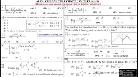 AP Calculus AB Full-Length Practice Test 1; AP Calculus AB Full-Length Practice Test 2; Looking for sample multiple-choice and free response questions? You can find them in: The AP Calculus Course and Exam Description(Fall 2019) (.pdf/2.29MB), which has everything you need to know about the course and exam. An AP Calculus AB Exam from 2012 .... 