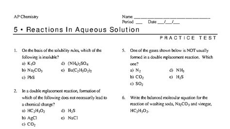 Ap chemistry aqueous solutions test.  This document contains a practic...