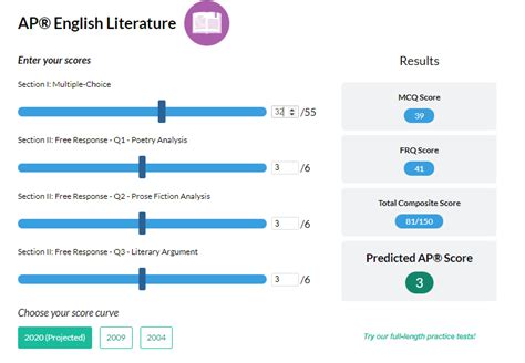 Ap lit exam score calculator - With it, you can see what you’d need to meet or exceed your grade level. « Previous Next » Curious how you'd score on your AP, SAT®, ACT, or other high stakes test? Use …