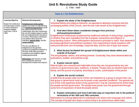 Ap world unit 5 study guide. Unit 5: Revolutions Study Guide C. 1750 - 1900 Topic 5 The Enlightenment Learning Objective Explain the intellectual and ideological context in which revolutions swept the Atlantic world from 1750 to 1900. Historical Developments Enlightenment philosophies applied new ways of understanding and empiricist approaches to both the natural world and ... 