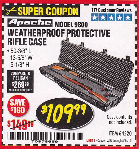 Apache 9800 coupon. APACHE 3800 Weatherproof Protective Case - Large - Black - Item 63927. Compare our price of $39.99 to PELICAN at $149.95 (model number: 1450). Save $109.96 by shopping at Harbor Freight. 