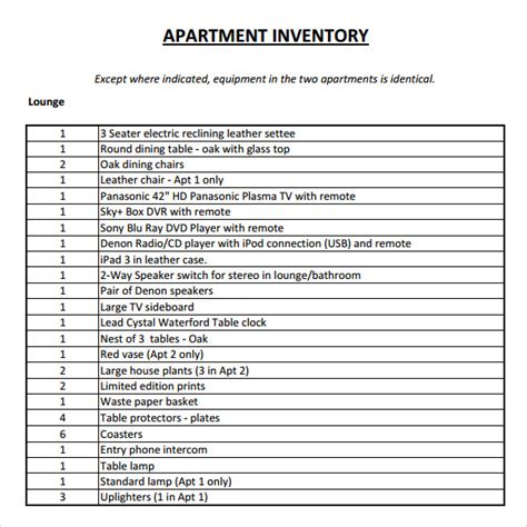 Apartment Inventory List Template