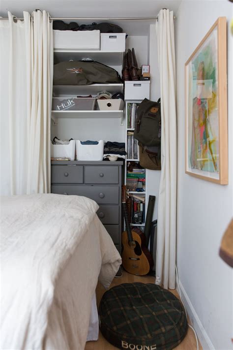 Apartment storage. 1 / 3. This makeover from Refinery29 is proof that you don’t need to have an actual closet to enjoy the benefits of a walk-in closet. The closet solution for this Brooklyn bedroom includes wall-hung rails, which have a less obtrusive profile than floor-based garment racks, and a wardrobe with a door for neatly storing shoes. 